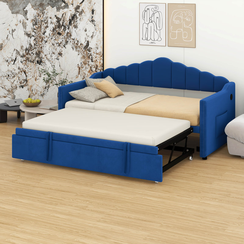 Lit de jour simple rembourré avec couchette escamotable à hauteur ajustable - port de charge USB / Type-C, 2 poches latérales et aucun sommier requis