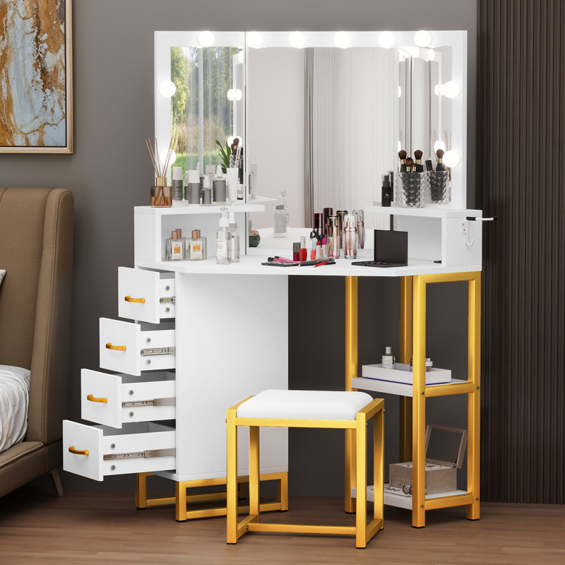 Tri-Fold Mirror Vanity, White