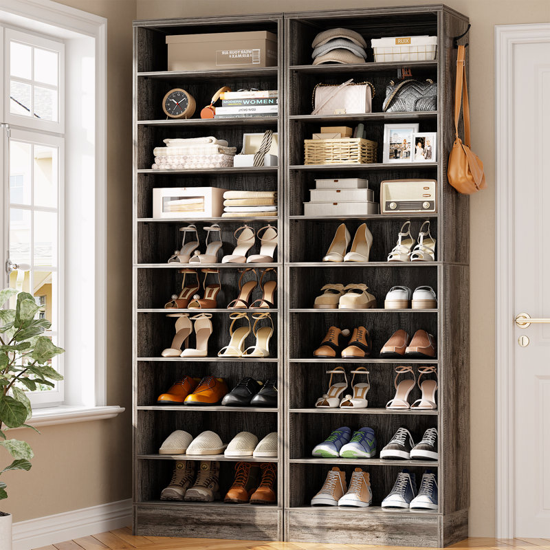 Tall Shoe Storage Cabinet, 10 Tiers Wood Shoe Rack, Black Oak