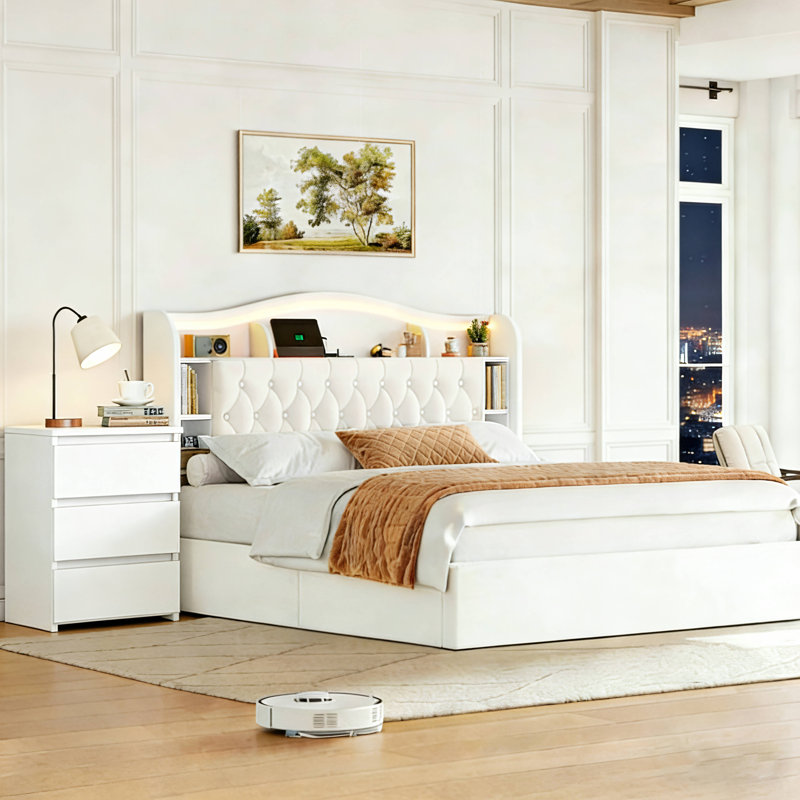 3-Piece Bedroom Sets, Velvet Upholstered Bed With LED Headboard, 2  Nightstands, King