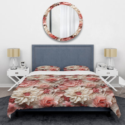 Ensemble de housse de couette rose et blanc avec dentelle romantique Whispers Flowers III