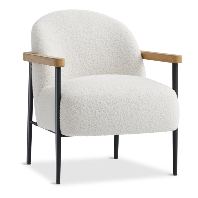 Mid Century Modern Lamb Fleecec Accent Chair with Wood Arms, Powder Coated Metal Frame & Adjustable Feet, Comfy Lounge Chair for Living Room Bedroom Office