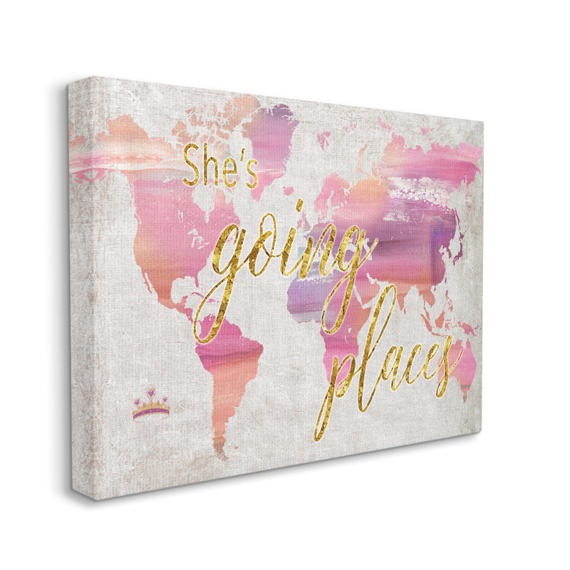 Glam Pink Ombre Map She's Going Places Expression par Nan - Art textuel, H 36 po x l 48 po, Toile tendue