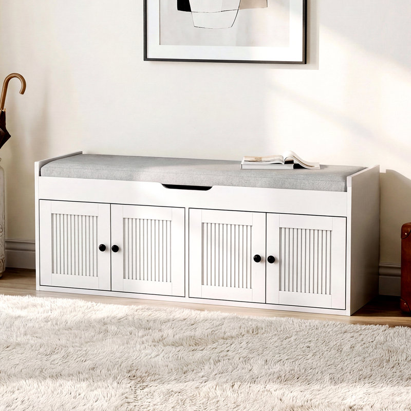 47.2" Modern Farmhouse Storage Bench with Cushion, Upholstered Shoe Bench with Shelf for Entryway, Mudroom, Hallway, White