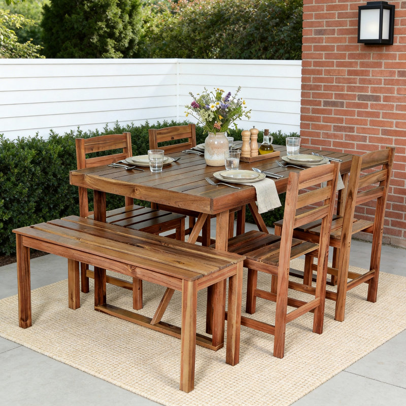Ensemble repas pour 6 personnes en bois d'acacia avec table rectangulaire, Brun
