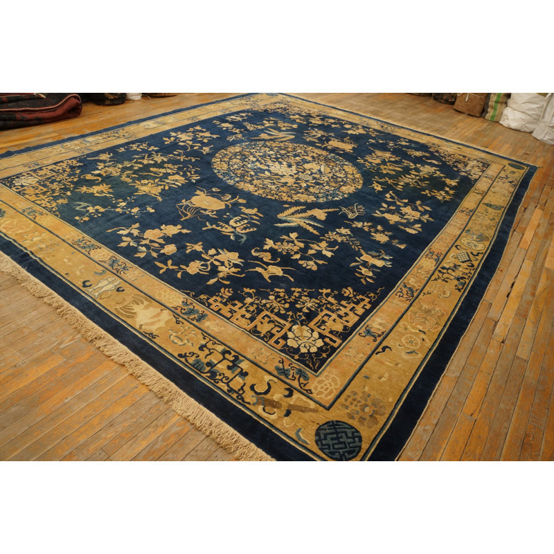 Blue And Cream Color Antique Floral Medallion Room Size Chinese Peking Rug