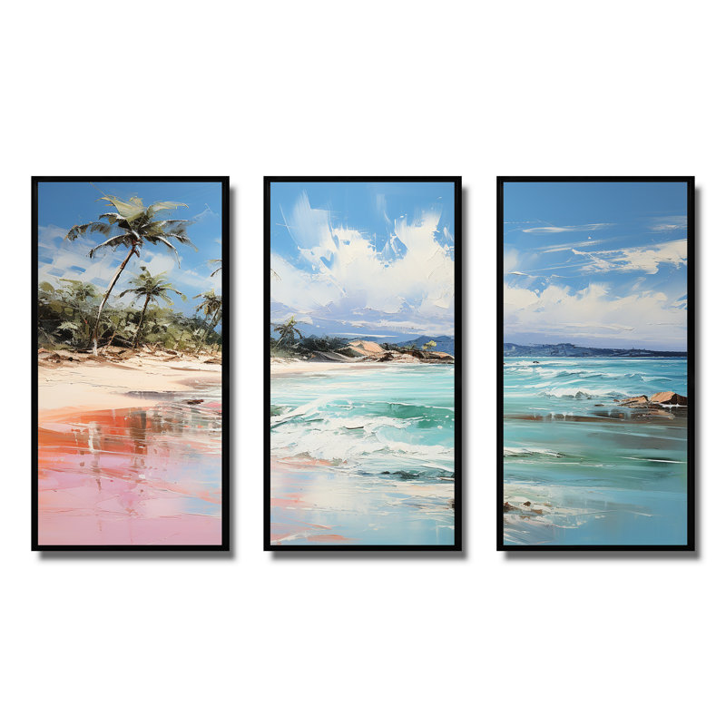 «Green Tropical Beach Escape III» - art mural bord de mer tropical, Cadre flottant noir, H 28 po x l 36 po x P 1 po