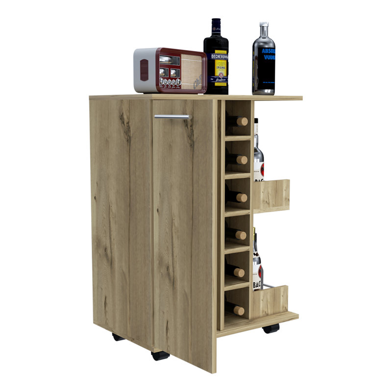 Chariot-bar roulant avec deux tablettes extérieures, une porte simple et six porte-bouteilles intégrés, Chêne clair