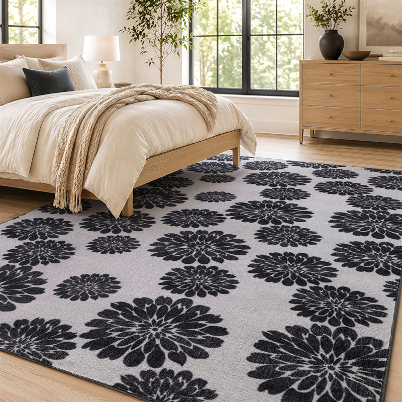 Tapis intérieur antidérapant lavable à la machine à motif floral anthracite, Anthracite, 7 pi 10 po x 10 pi