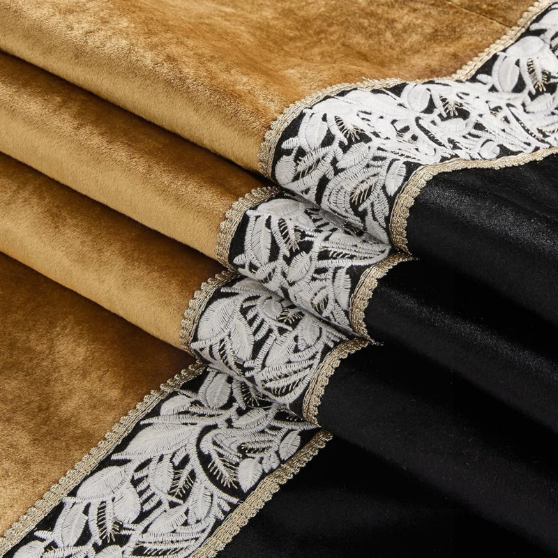 Velvet Curtains 2 Panels, Embroidered Vintage Gold Black Window Treatment 132 x 229 cm