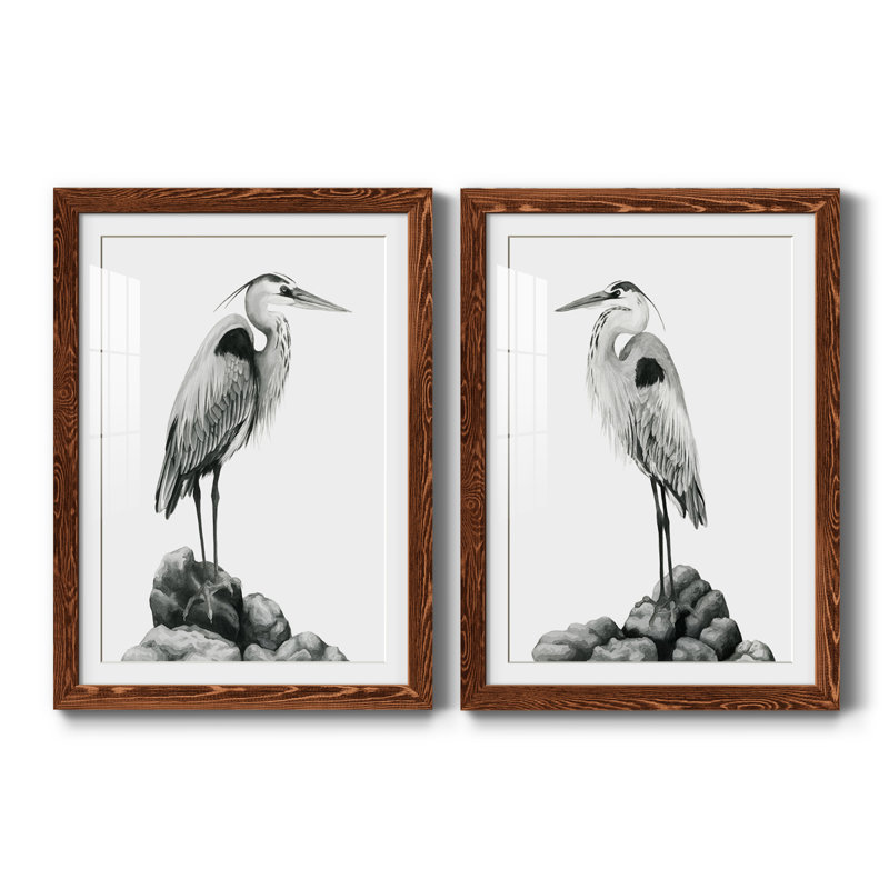 Shoreline Heron en noir et blanc I encadré mat - prêt à accrocher, H 31,5 po x l 47 po x P 1 po, Érable encadré