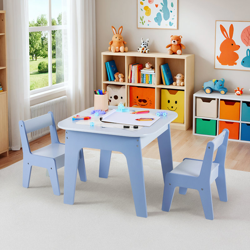 Wooden 4 In 1 Kids Table And 2 Chairs With Storage Drawers & 2 Removable Tabletops,Compatible With Lego And Duplo Bricks