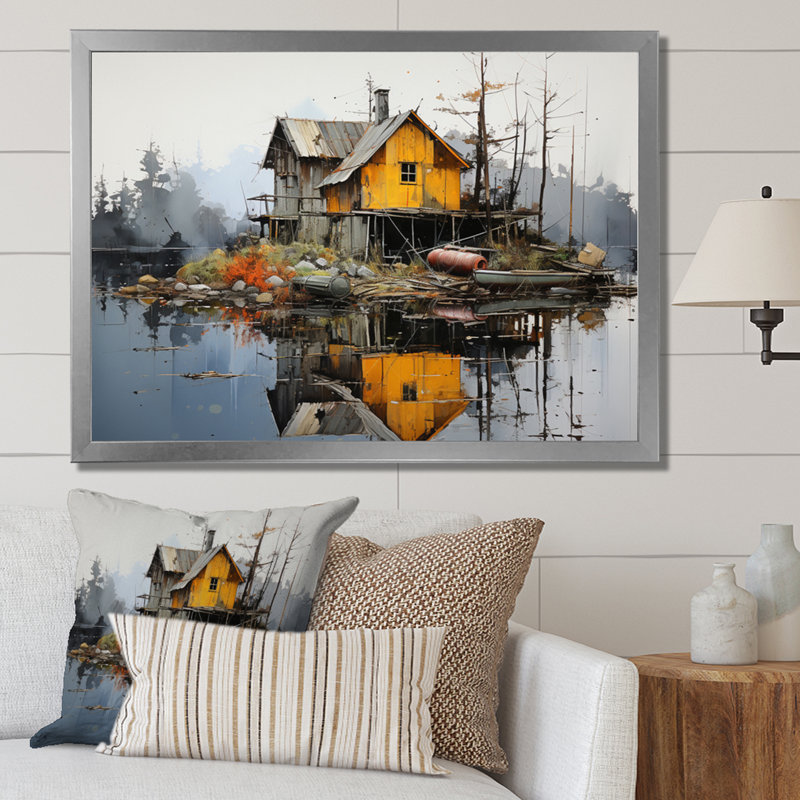 Yellow Lakehouse Pier Reflections II - Landscapes Canvas Prints, Cadre photo argenté, H 12 po x l 20 po x P 1 po