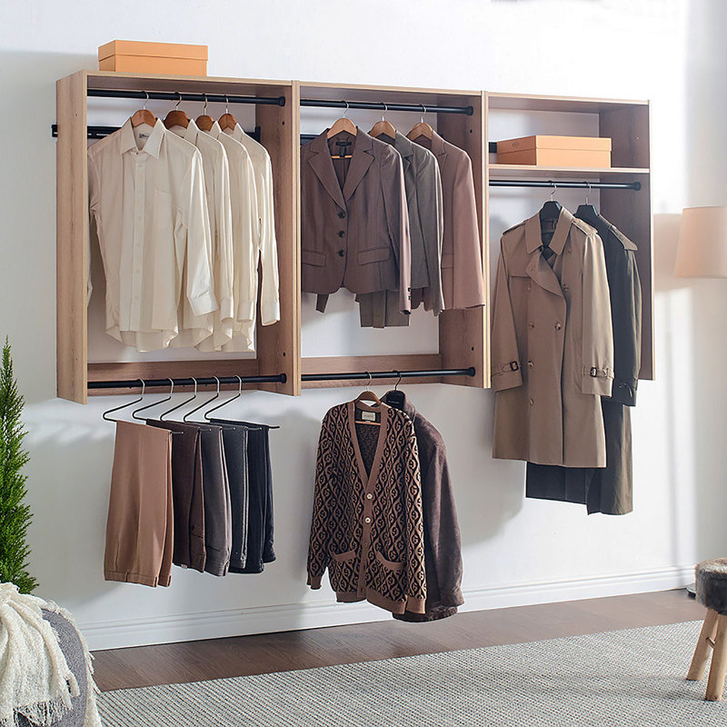 Devi Wall Mounted Wood Closet System, Oak Wood