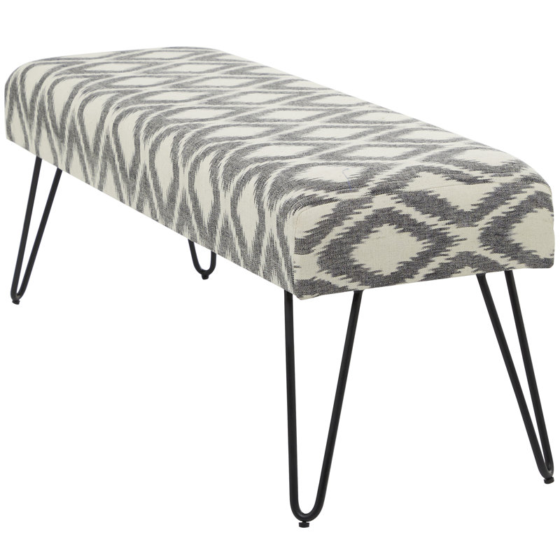 Castulo Multi Colored Cotton Fabric Tribal Home Bench with Metal Hairpin Legs, Gray