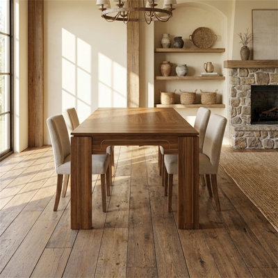 Square Dining Table (Seats 6-8), Featuring a Grooved Leg Design, Walnut Woodgrain Finish on MDF, Home Dining Table, Mid-Century Modern Style, Vintage Wood Colour