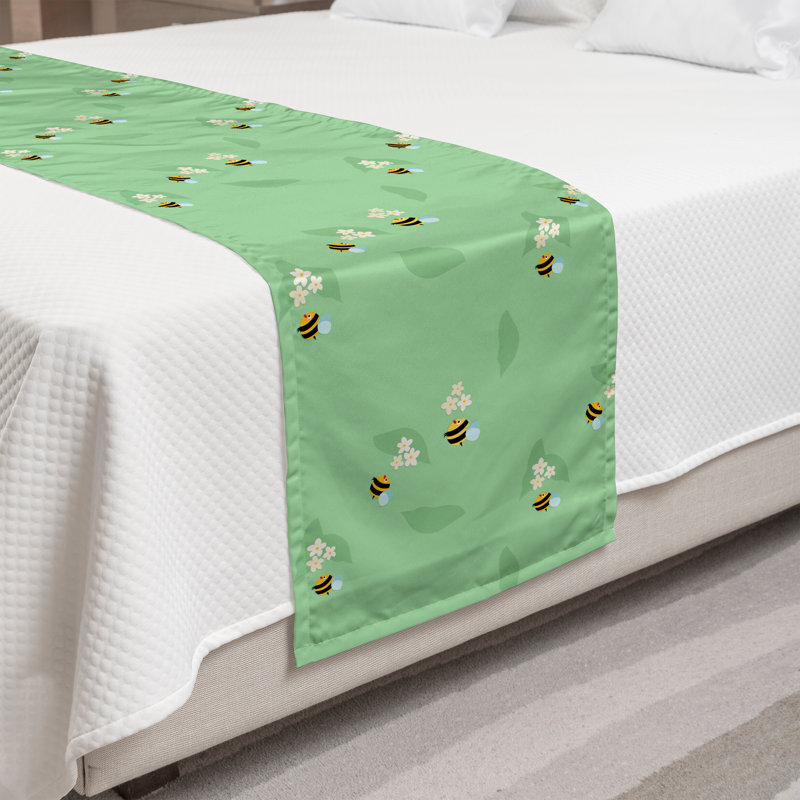 Chemin de lit Ambesonne Bees Flying Insectes Fleurs Doodle Pâle Vert Terre Jaune, Très grand lit