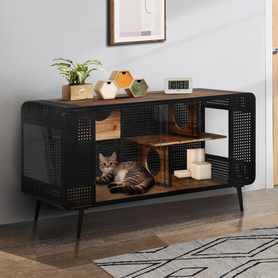 Maison pour chat noir et brun avec fond coulissant - pour vos grands panneaux de verre trempé, fabrication en bois de sapin et en fer, design élégant à différents espaces, intérieur spacieux