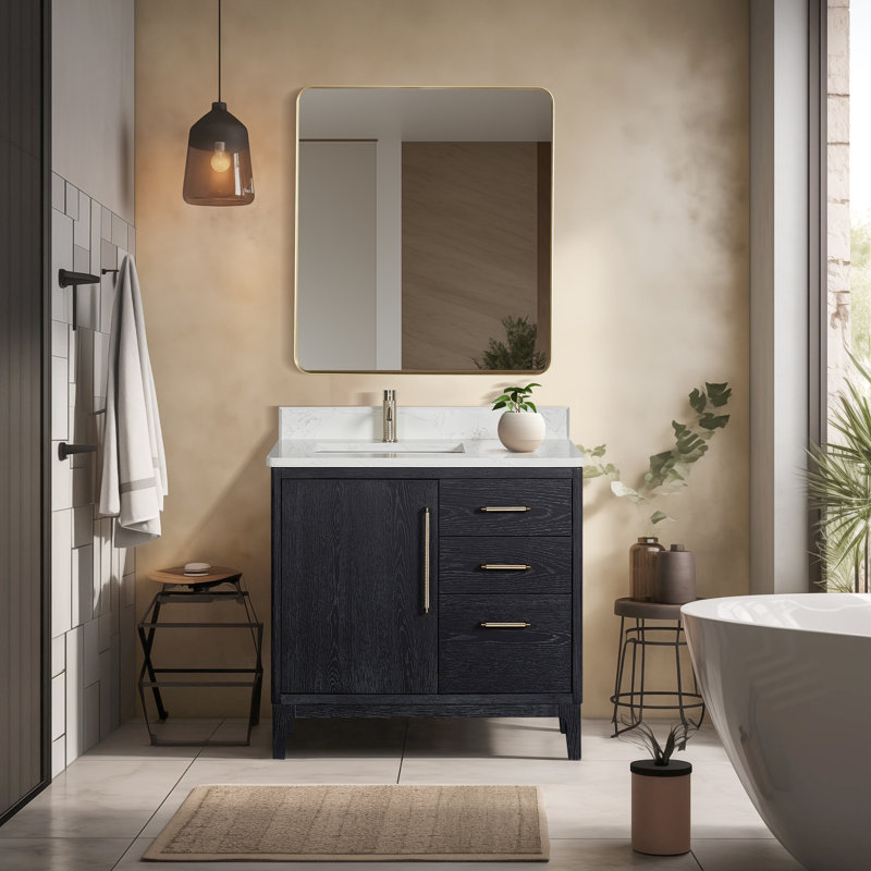 Meuble-lavabo sur pied simple 36 po avec plateau Langosta, Bois de sapin / noir