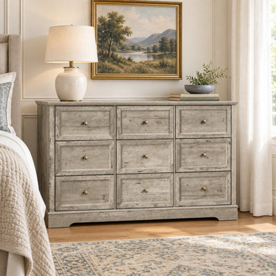 Commode rustique à 9 tiroirs de style campagnard, 135 cm de large, pour salon, entrée ou chambre - Gris