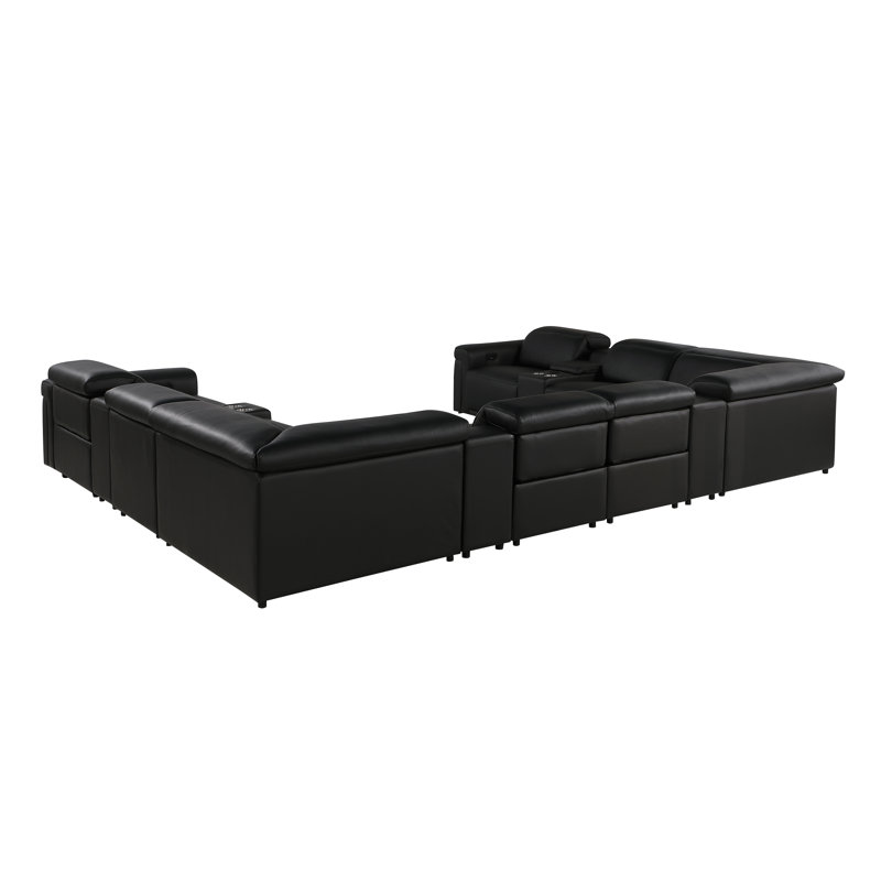 Canapé modulaire en cuir grainé italien inclinable 4 pièces Stanwinn, Cuir véritable noir