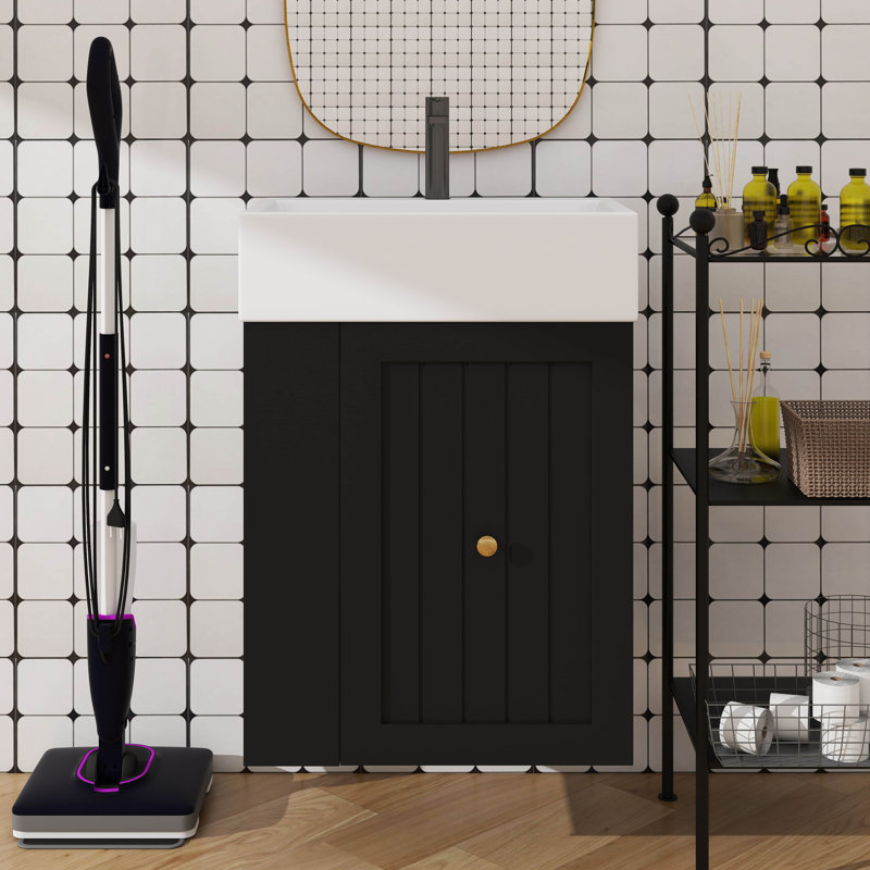 Meuble-lavabo contemporain de 20 po avec lavabo en céramique, armoire avec tablette latérale à tiroir, idéal pour les espaces compacts