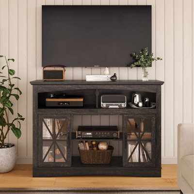 Meuble télé 47 po avec tablettes réglables, console de télévision rétro avec portes en verre et lumières DEL, meuble de rangement multimédia pour salon, chambre à coucher et cuisine