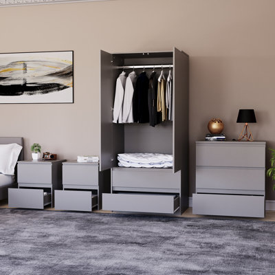 Tanino 4 Piece Bedroom Set (2 Drawer Large Bedside Chest X2, 3 Drawer Chest, 2 Door 2 Drawer Wardrobe)