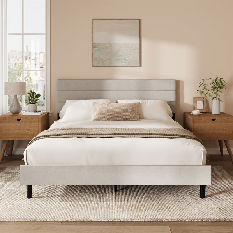 Structure de lit plateforme tapissier avec espace de rangement sous le lit de 6,7 po, support en fer, aucun sommier requis