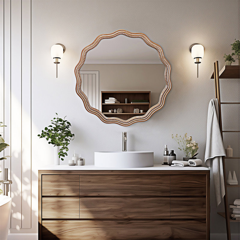 Miroir mural rond en bois, 23,63 po x 23,63 po, Naturel antique