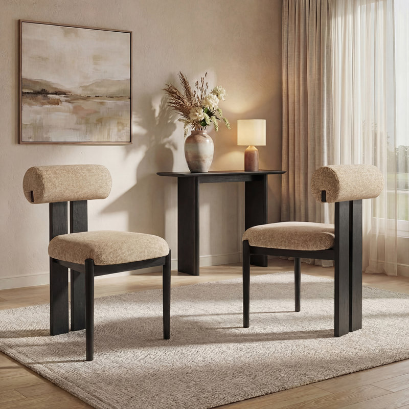 Mid-Century Modern Wooden Dining Chairs, Upholstered Fabric with Sculptural Backrest & Solid Wood Legs, Black, Camel