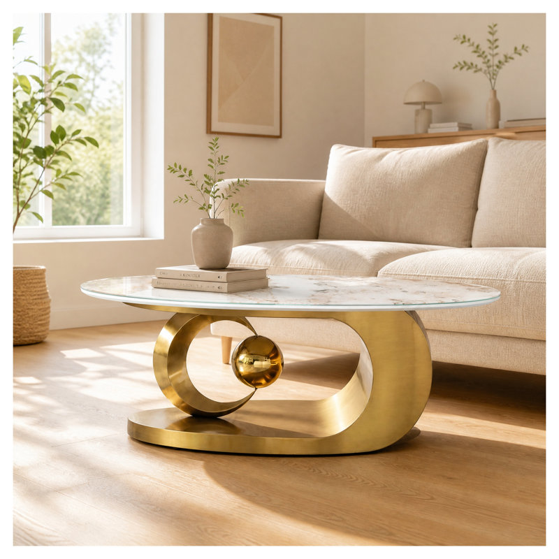 Table basse ovale avec plateau en verre imitation marbre et base en acier inoxydable doré poli, centre de table sculptural moderne pour le salon