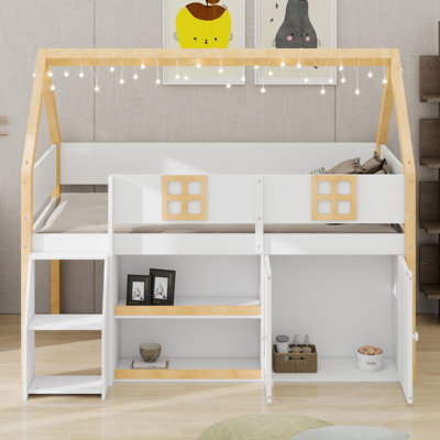Low Loft Bed with Built-in Shelving and Storage Cabinets, Space-Saving Design