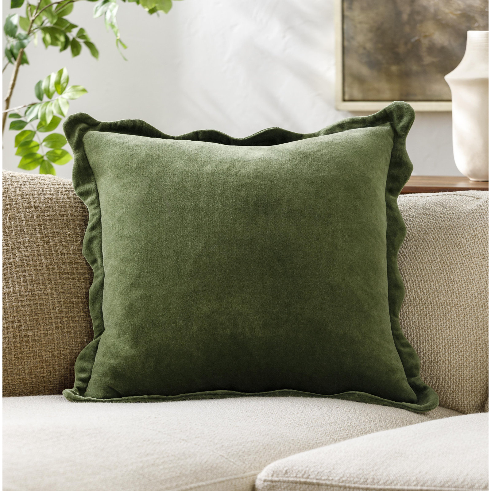 Collier Cotton Pillow Cover, 20"H x 20"W, Green, Down