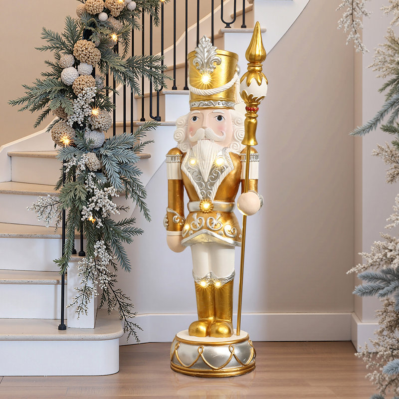 Soldat casse-noisette argenté et doré 4 pi avec sceptre, décoration de Noël, 45.28" H x 14.76" W x 15.16" D