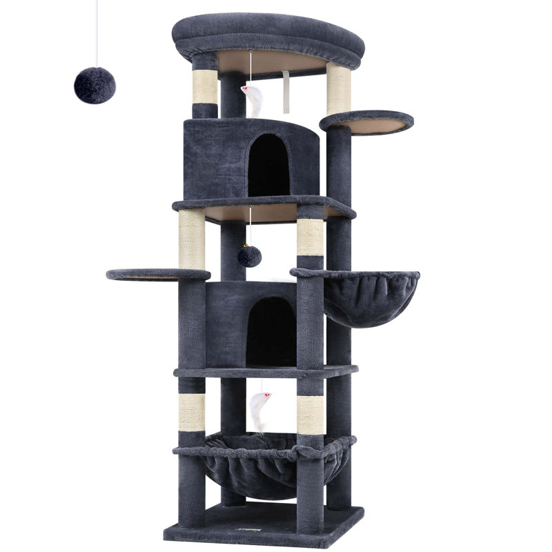 Arbre à chat de 173 cm (68 po) pour chats d'intérieur, structure à plusieurs niveaux avec 2 niches, poteaux à griffer en sisal et hamac, gris foncé