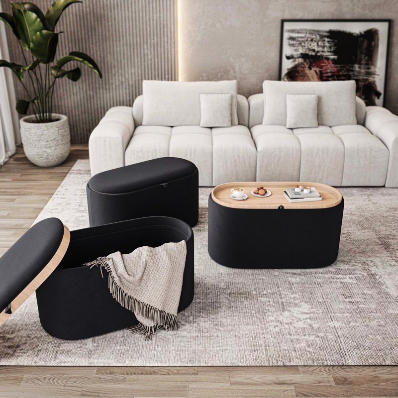 Repose-pieds avec rangement et plateau réversible en bois, noir, Noir