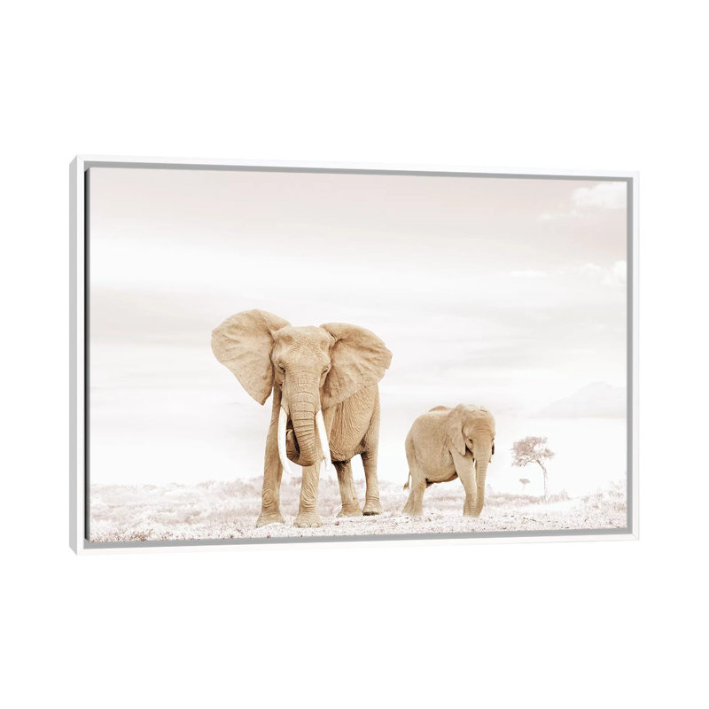 White Elephant Mom & Baby by Klaus Tiedge - Print on Canvas, White Framed, 101.6 cm H x 66.04 cm W