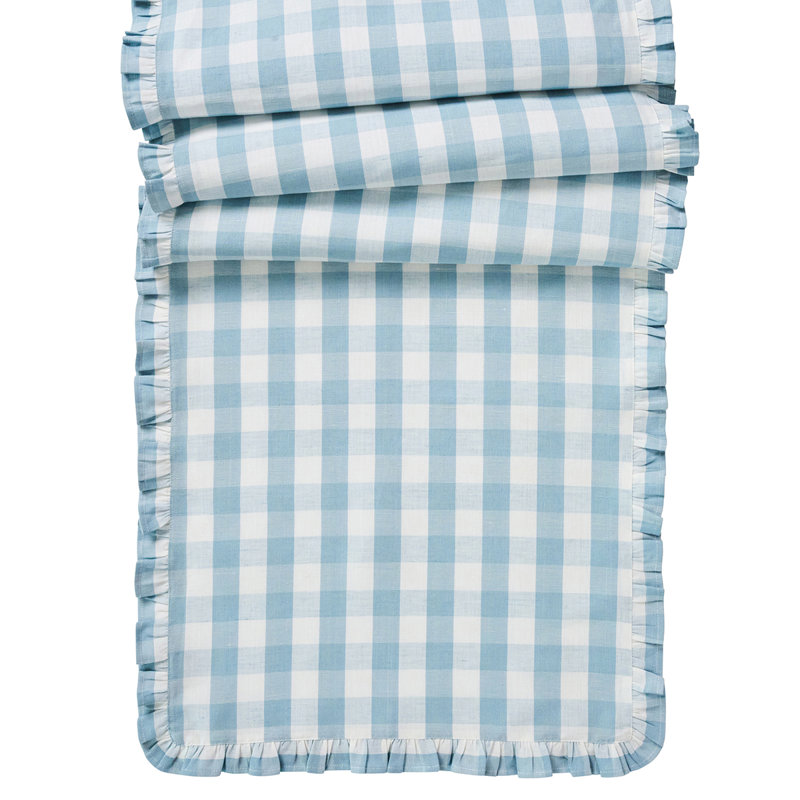 Gingham Ruffle 18" x 90" Table Runner, Ocean, 90" L x 18" W