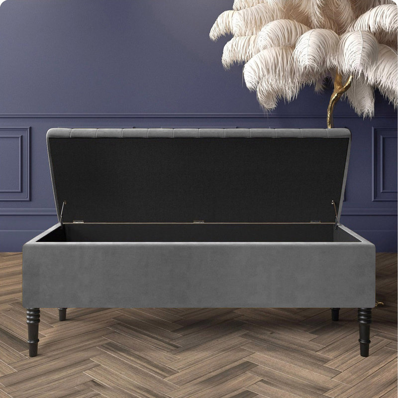 Paris Striped Ottoman Storage Bench - Upholstered Plush Velvet Shoes Bench with Black Turned Wooden Legs, Grey
