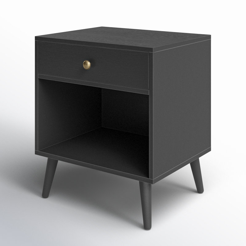 Vansant 1 - Drawer Nightstand with Drawer and Open Compartment, Solid Wood Legs, Black
