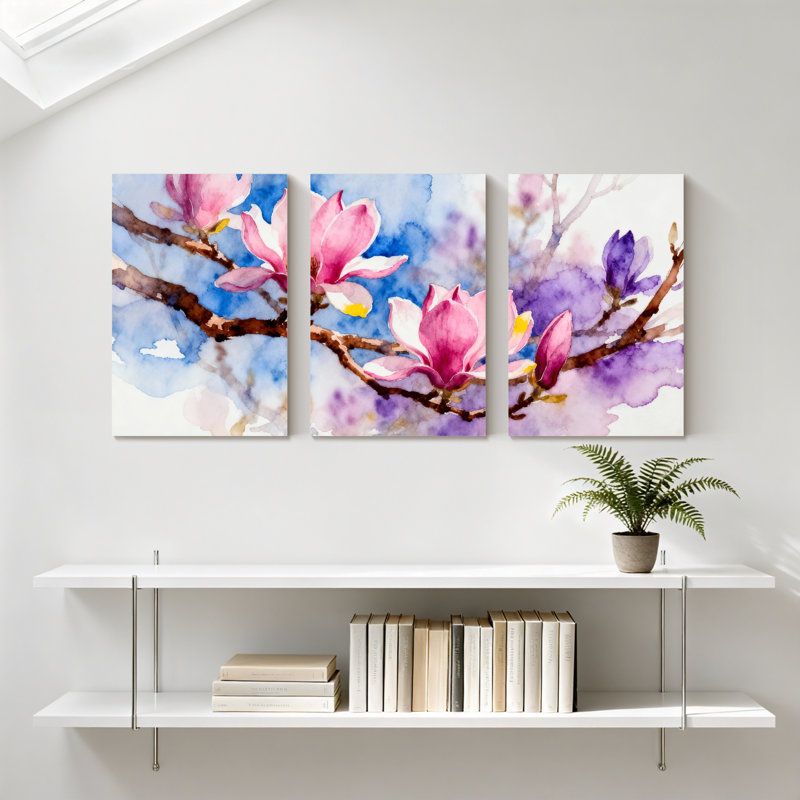 «Magnolia Watercolor Magnolia Blossoms On Branches», ensemble de 3 impressions sur toile, H 30 po x l 60 po