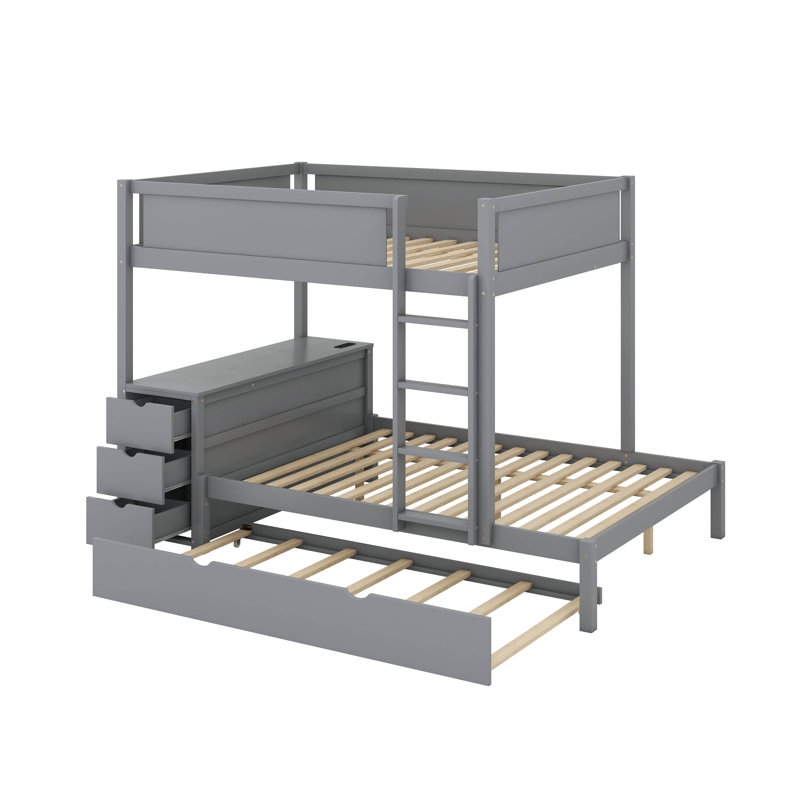 Full-Over-Full Bunk Bed With Twin Size Trundle,Drawers And Desk, Gray