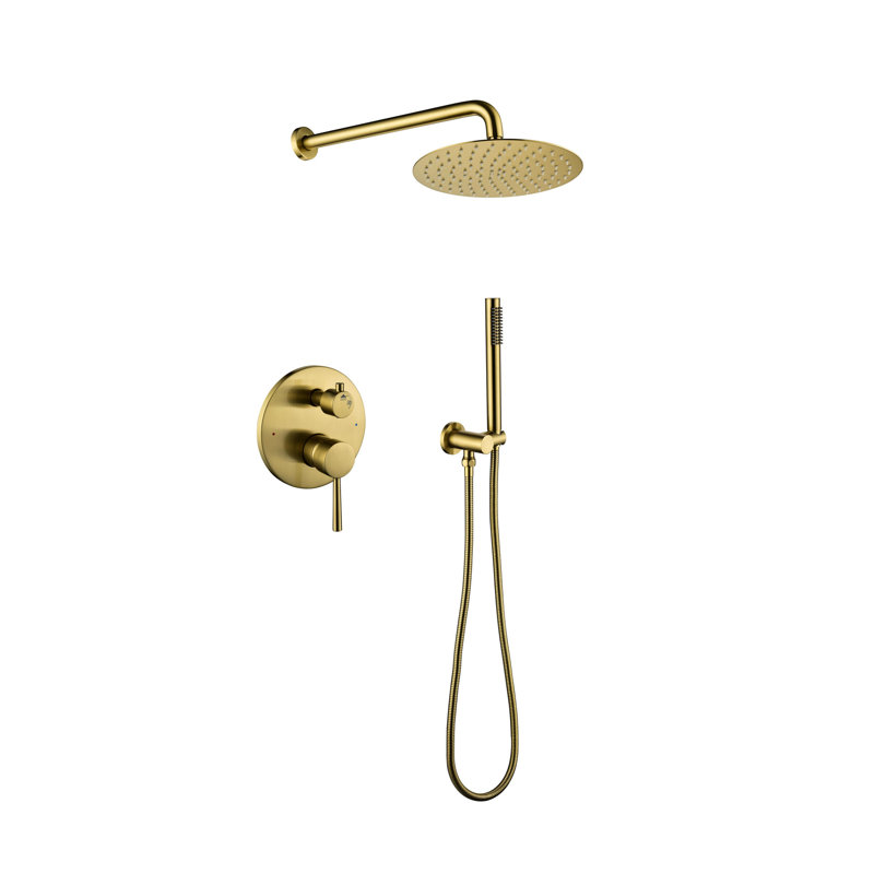 Robinet de douche de salle de bain en or brossé, avec pomme de pluie en acier inoxydable 10 po et robinet à main, or