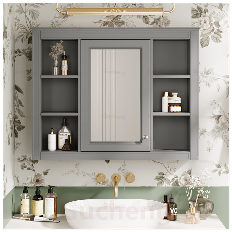 Armoire de salle de bain murale moderne avec miroir et 6 tablettes ouvertes, parfaite pour le rangement et l'amélioration esthétique