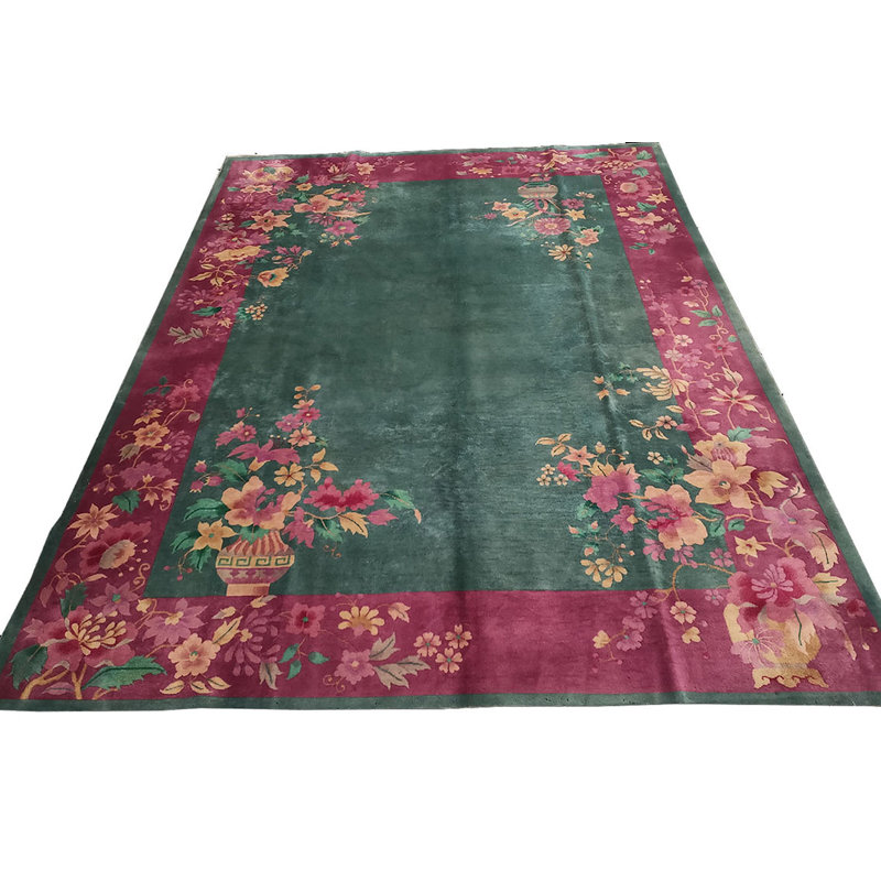1920s Knotted Antique Rectangle Chinese - Art Deco Wool Room Size Rug