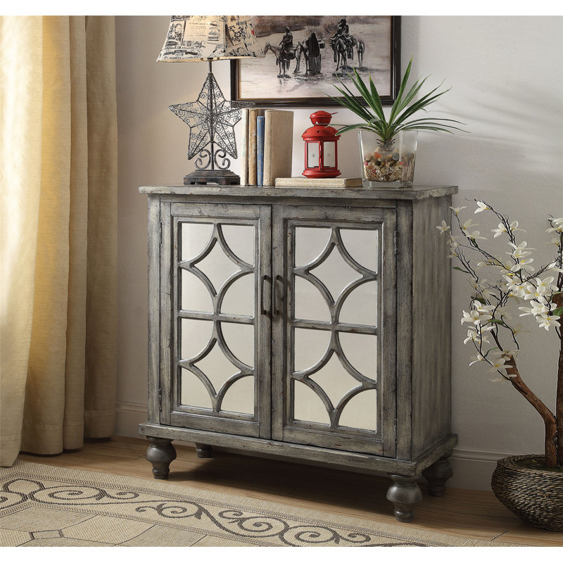 Exquisite Console Table with Mirrored Doors and Diamond Trim Inlay, Supported by Wooden Bun Turned Legs for Durable and Stylish Use
