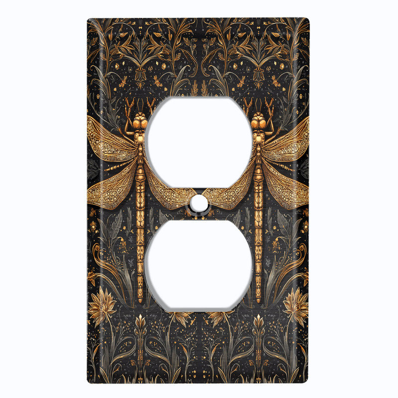 Couvercle de plaque d'interrupteur en métal; Format standard américain - Libellules botaniques foncées, Prise double # 8