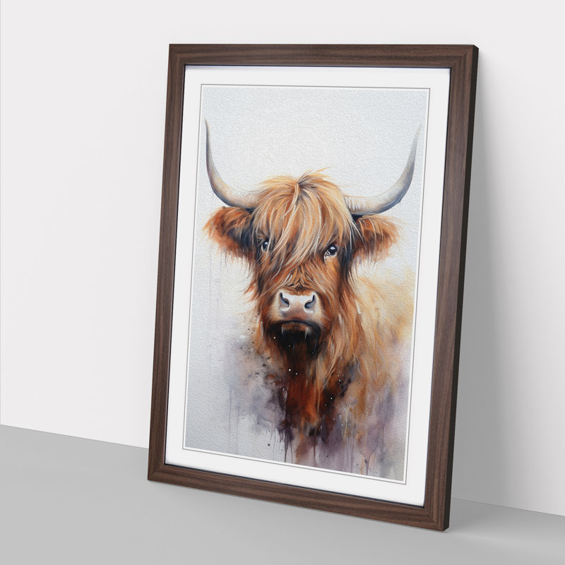 Highland Cow Tachisme - Single Picture Frame Print on Wood, 46cm H x 34cm W x 2cm D, Walnut