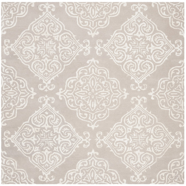 Bernon Hand Tufted Viscose/Wool Damask Rug in Silver/Ivory